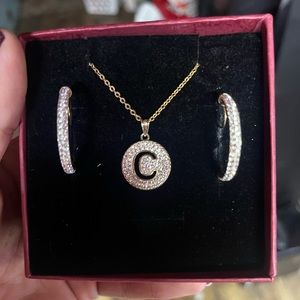 Gold earrings and matching necklace with C initial